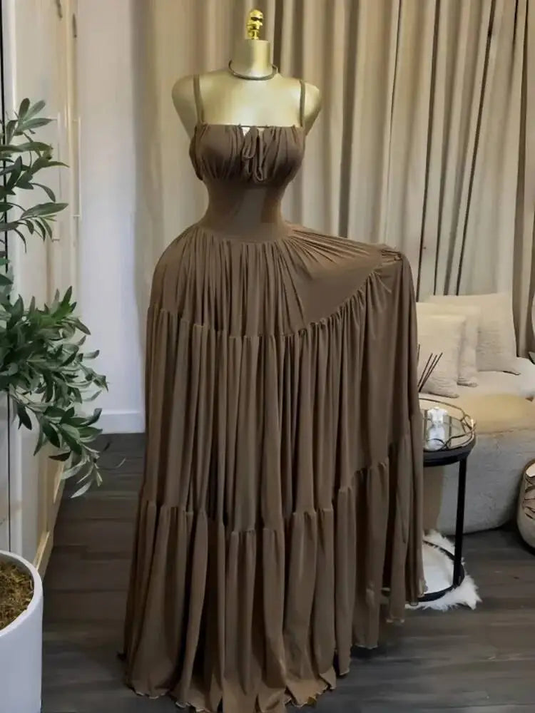 Elegant Sleeveless Lace Up Pleated Waist Dresses