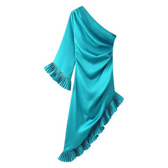 Elegant Sexy Diagonal Collar Satin Draped Ruffle Long Party Dresses Maxi Evening Vestidos