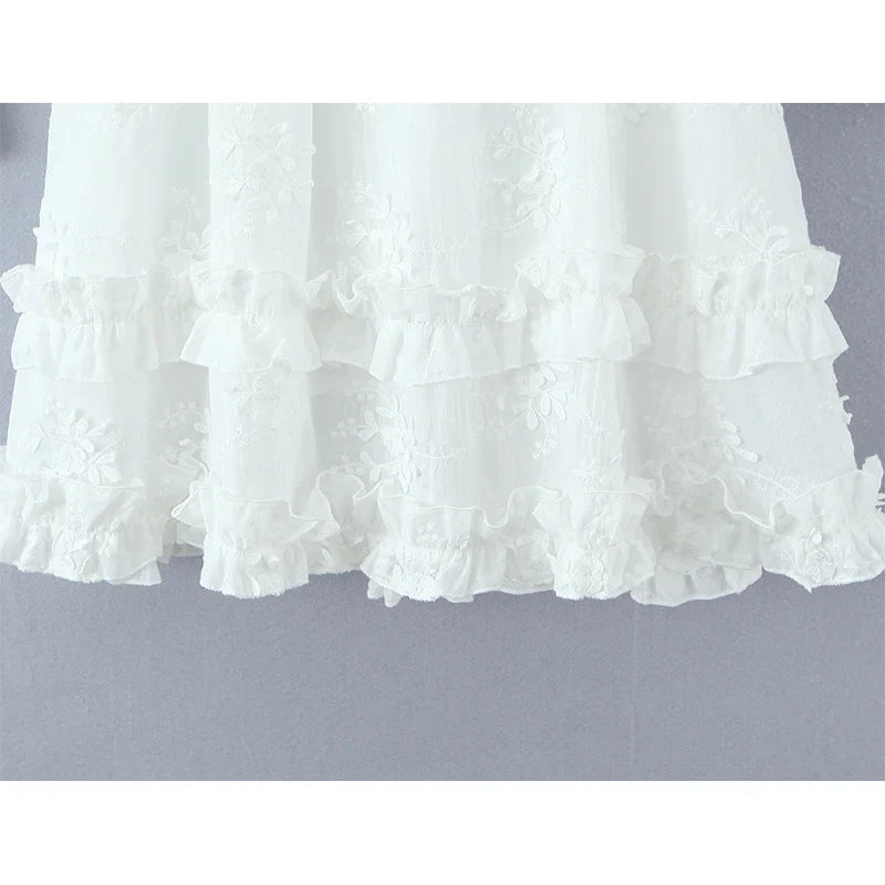 Elegant White Floral Embroidery Mini Dresses