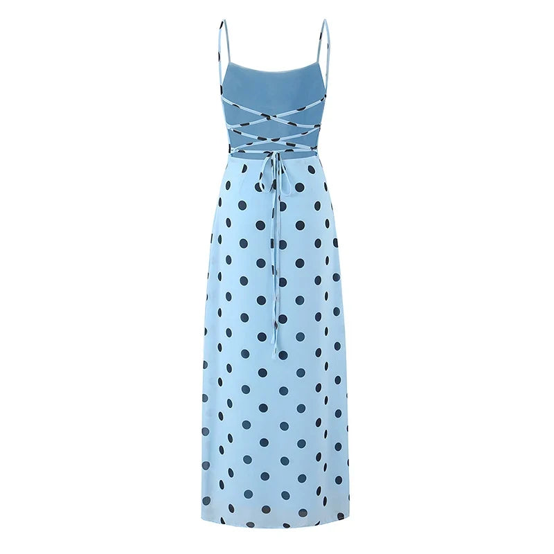 Light Blue Polka Dot Sling Long Dresses