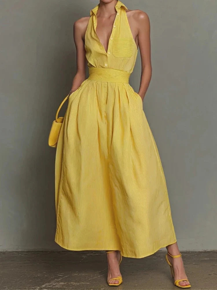 High Waist Swing Holiday Party Dresses Office Sexy Sleeveless Yellow Long Dresses