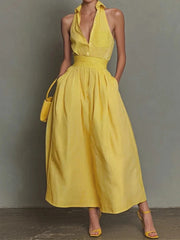 High Waist Swing Holiday Party Dresses Office Sexy Sleeveless Yellow Long Dresses