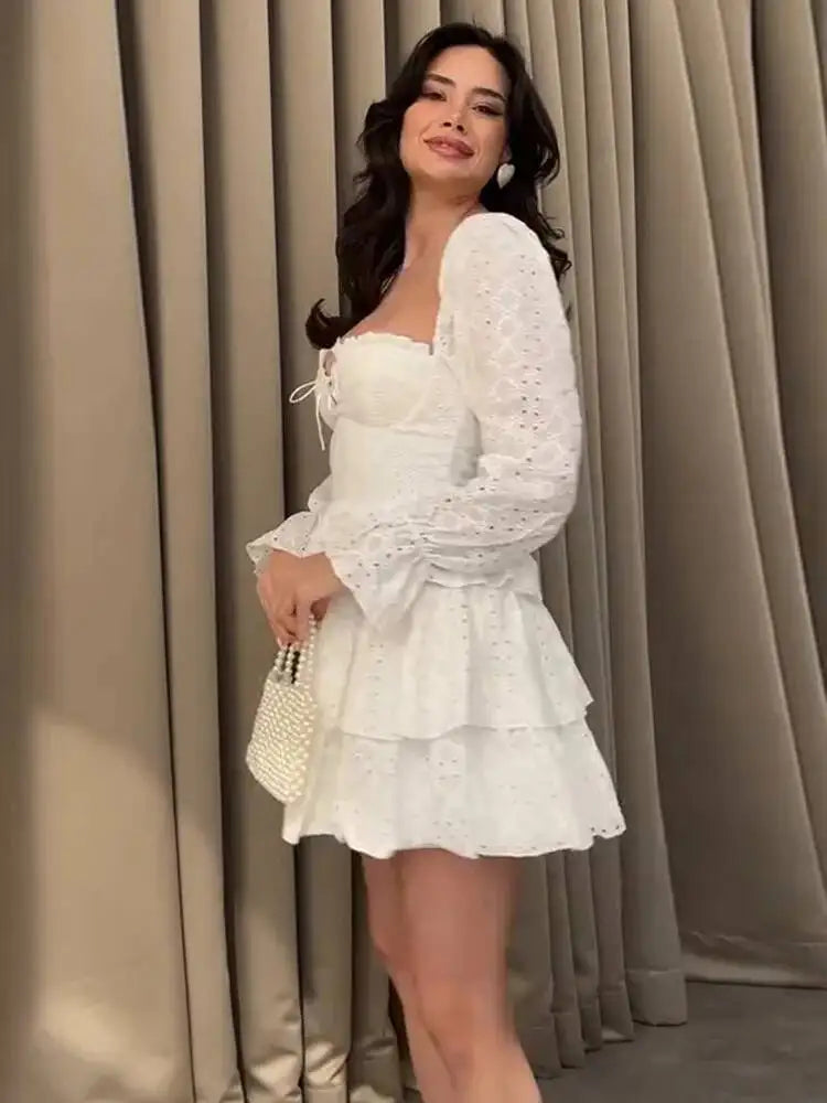 Sweet Square Neck Long Sleeved Ruffled Layered Dresses