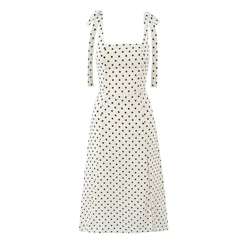 Summer Tie Strap Square Neck Polka Dot Dresses Slit Hem A-line Elegant Retro French Dresses