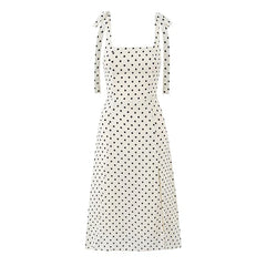 Summer Tie Strap Square Neck Polka Dot Dresses Slit Hem A-line Elegant Retro French Dresses