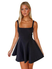 Fashionable Minimalist Square Neck Sleeveless Waist Cinched A-line Mini Dresses