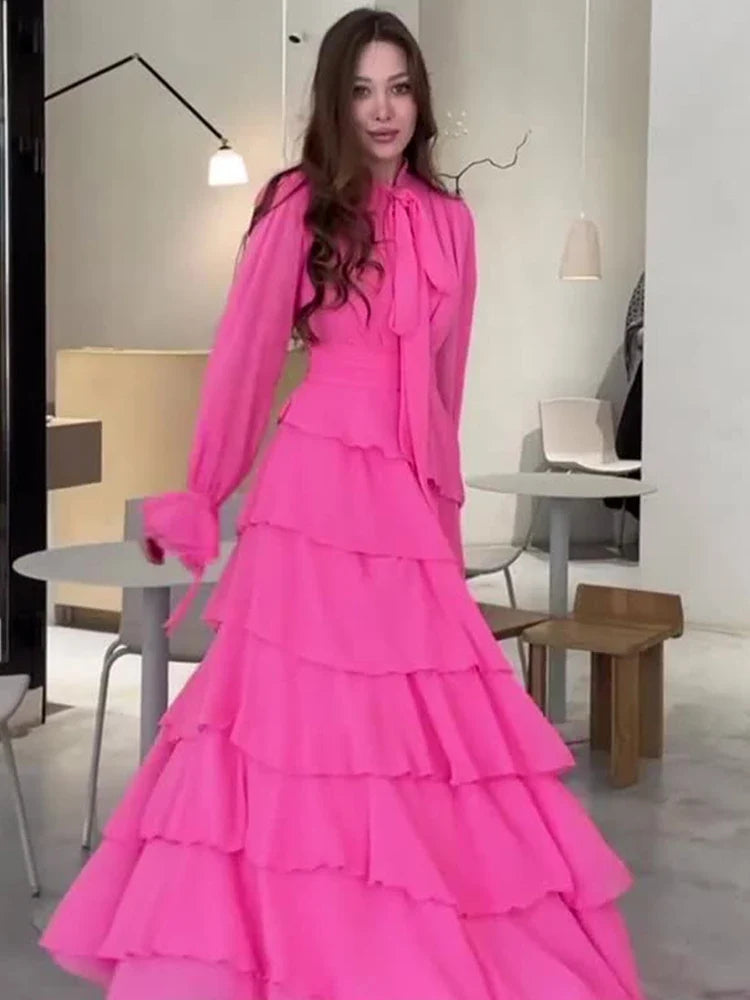 Autumn Summer Ruffle Trimmed Sweet Style Chiffon Design Half High Collar Long Dresses Female Party Clothes