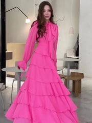 Autumn Summer Ruffle Trimmed Sweet Style Chiffon Design Half High Collar Long Dresses Female Party Clothes