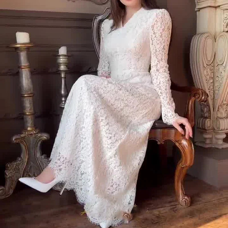 Elegant Wrap Hip Banquet A-line Dresses White Lace High Waist Slim Robe Dresses