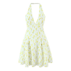 Sweet Print Halter Holiday Summer Dresses Pretty Girl Sexy Backless A-line Short Dresses