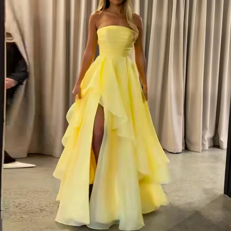 Elegant Strapless High Split Guest Dresses