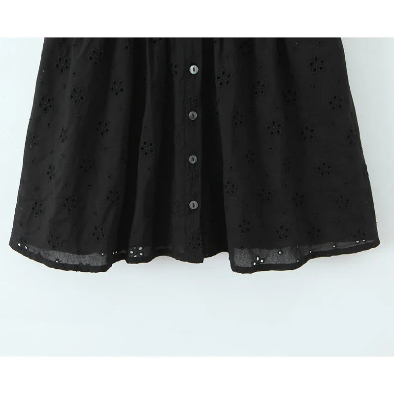 Front Button Sleeveless V Neck Floral Embroidery Black Dresses