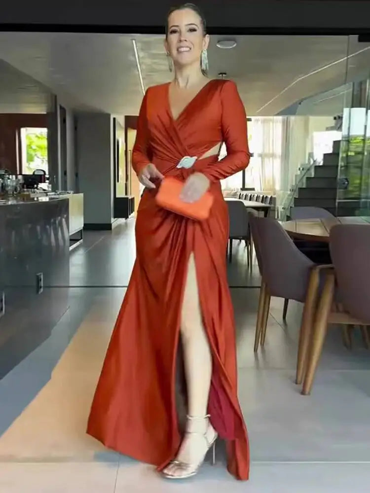 Beach Vacation V-neck Long Sleeved Cross Slim Fit Dresses