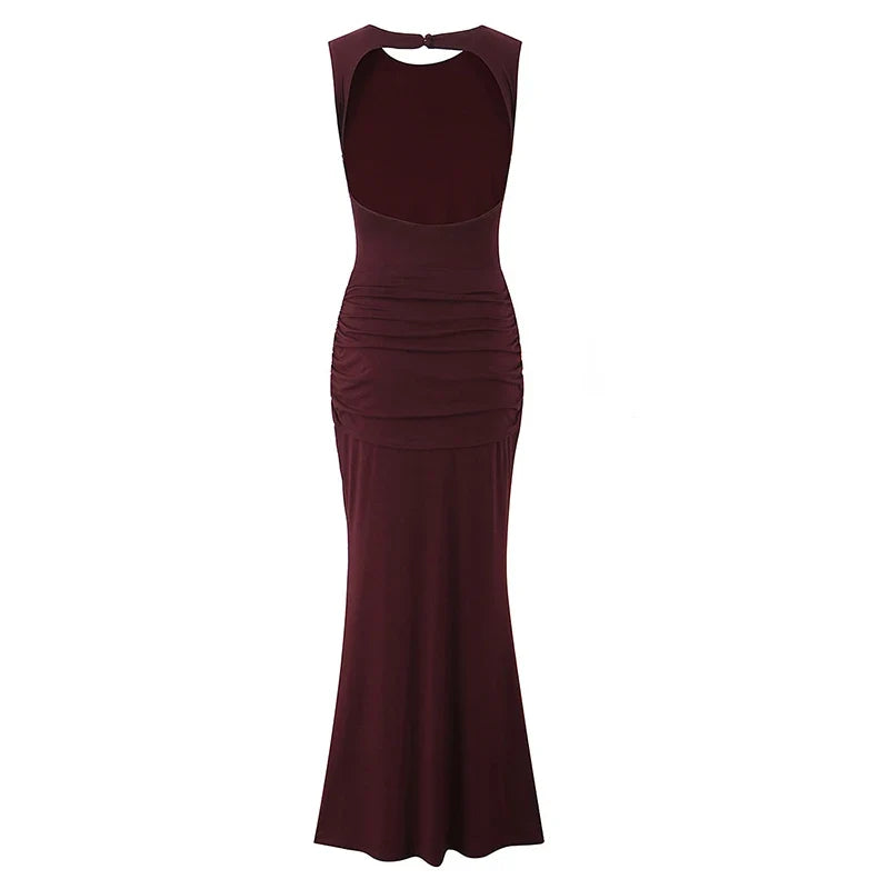 Sexy Burgundy Sleeveless Ruched Bodycon Maxi Dresses