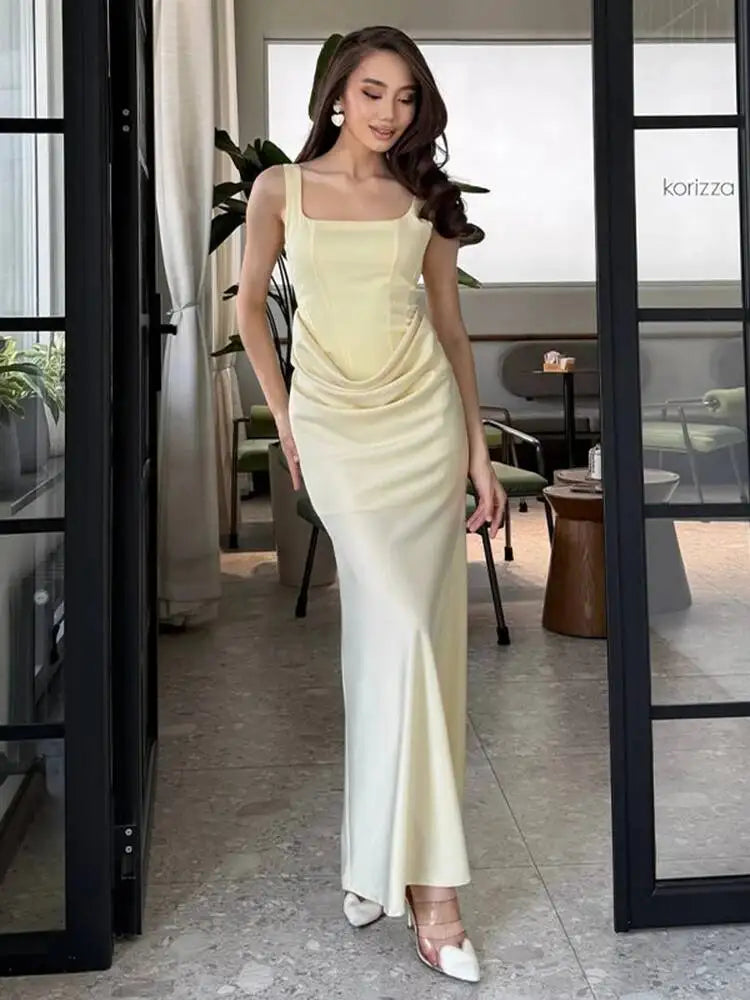 Summer Square Neck Sleeveless Pleated Hip Hugging Dresses