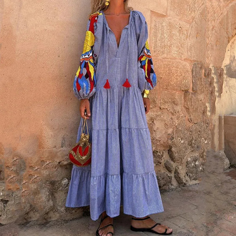 V-neck Lantern Sleeves Bohemian Dresses