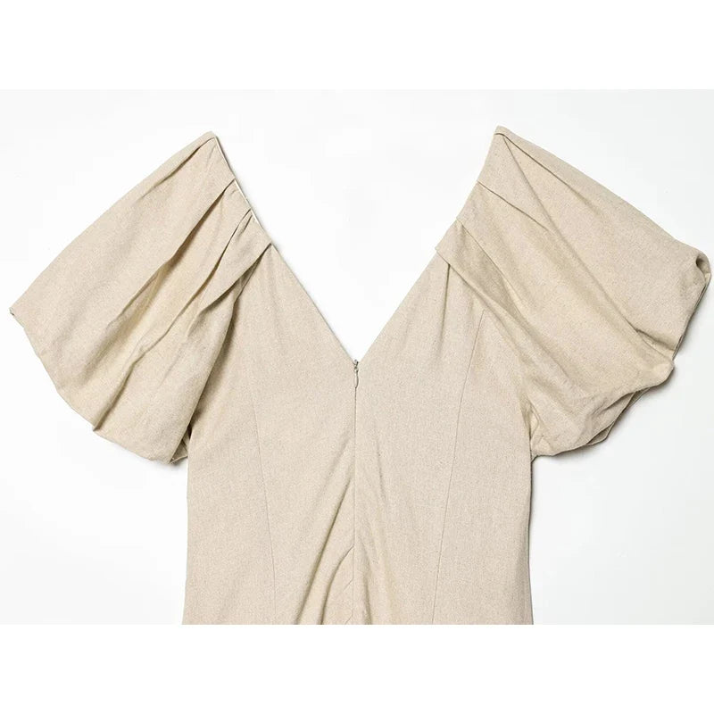 Summer Solid V Neck Puff Sleeve Midi Dresses