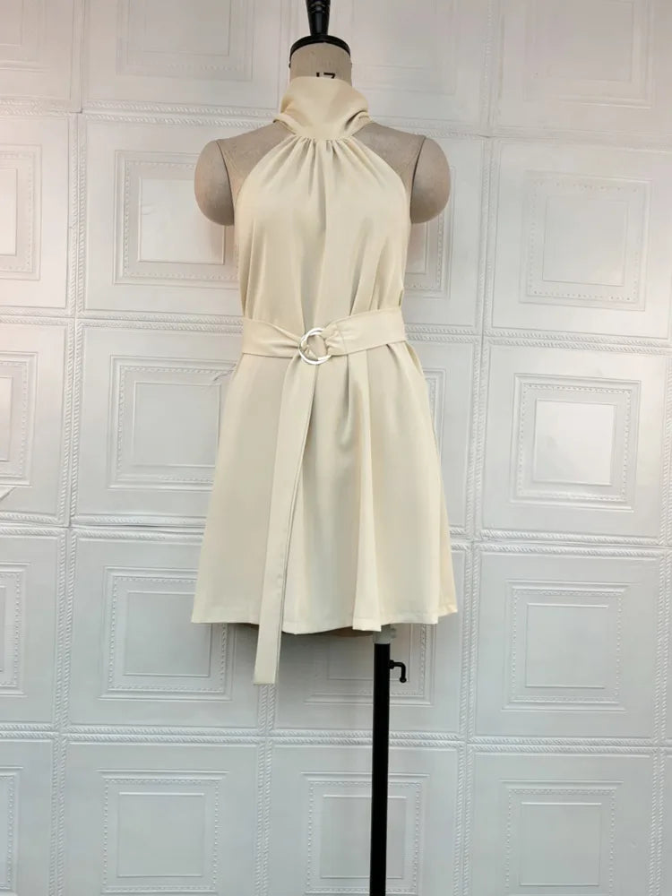 Halter Neck Strap Solid Color Waist-Cinching Short Dresses