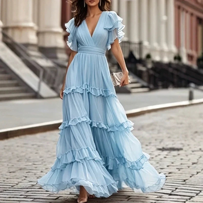 Casual Solid Simple Party Maxi Dresses V-neck Ruffles Evening Dresses