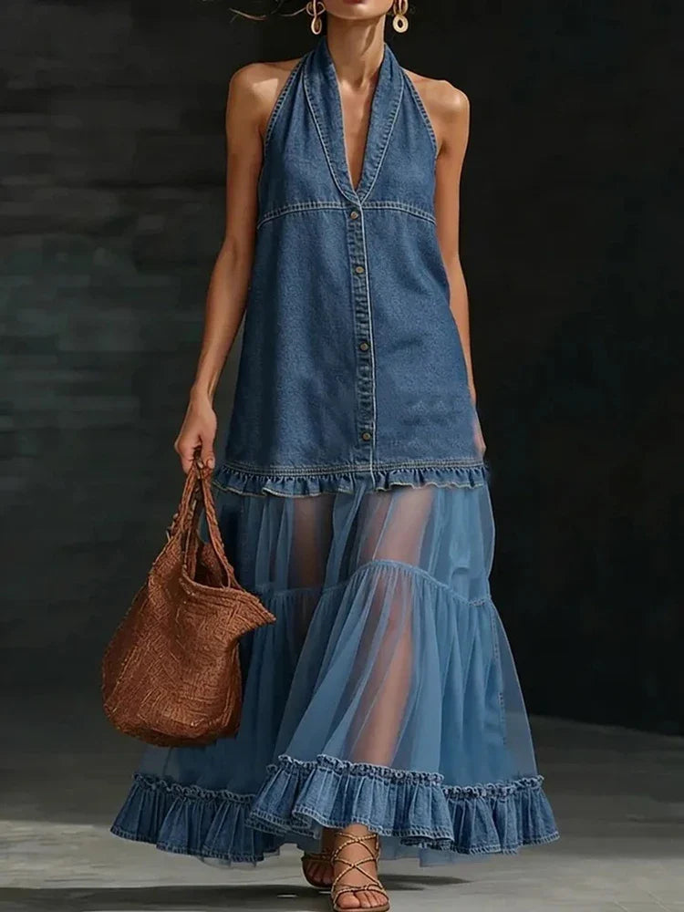 Vintage Denim V-neck Pleated Maxi Dresses