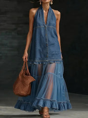 Vintage Denim V-neck Pleated Maxi Dresses