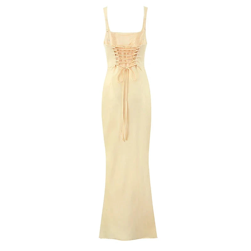 Light Yellow Satin Maxi Dresses