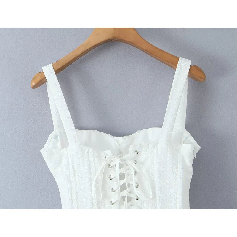 White Holiday Summer Dresses Floral Embroidery Low Waist A-line Sling Mini Dresses