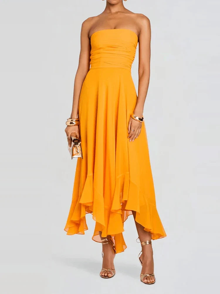 Elegant Strapless Ruffles Evening Dresses