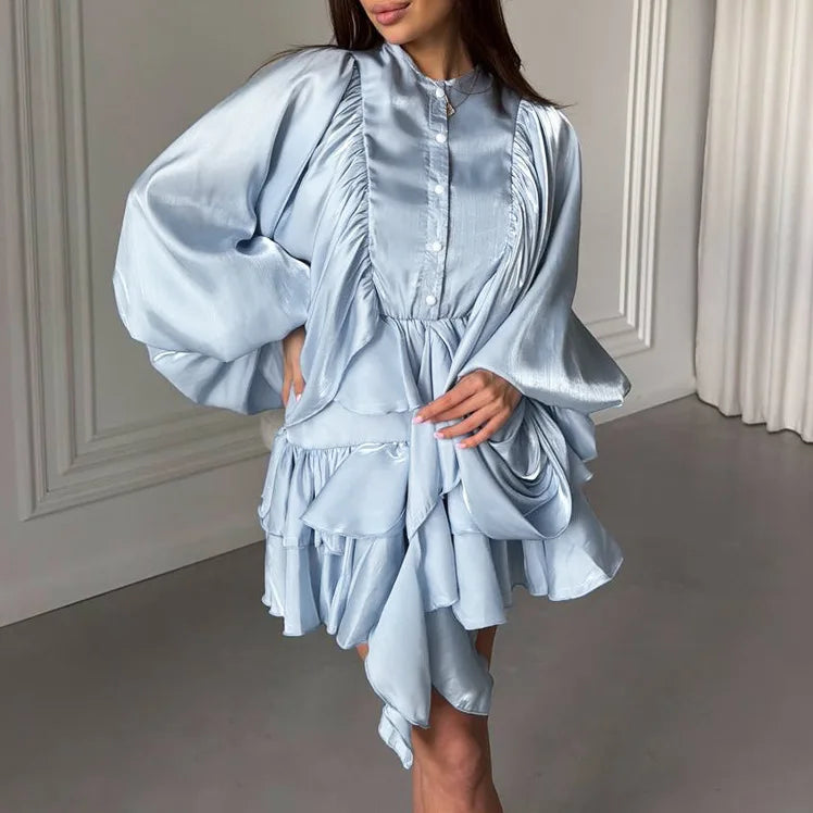 Simple Casual Round Neck Lantern Sleeve Layered Ruffle Edge Dresses