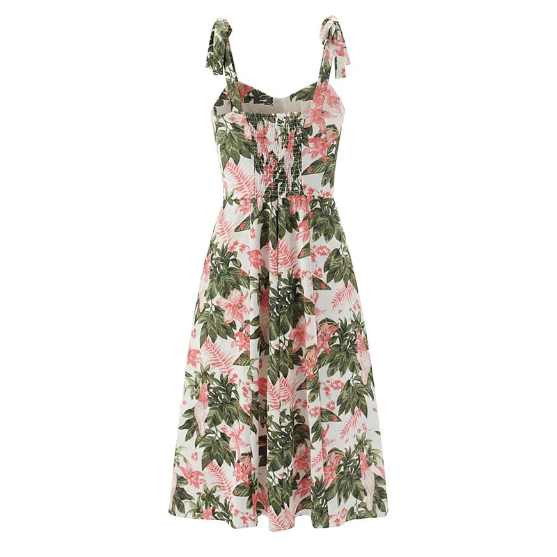 Holiday Summer Dresses French Floral Print Sexy Slim Fit A-line Midi Sleeveless Dress