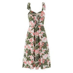 Holiday Summer Dresses French Floral Print Sexy Slim Fit A-line Midi Sleeveless Dress