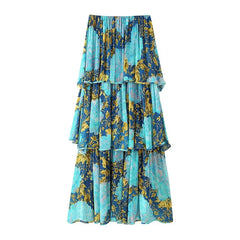 Sexy Off Shoulder Floral Print Chiffon Strapless Dresses Layered A-line Casual Summer Beach Dresses