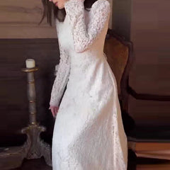 Elegant Wrap Hip Banquet A-line Dresses White Lace High Waist Slim Robe Dresses