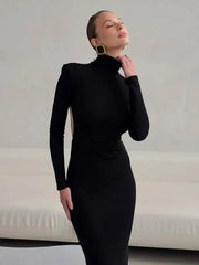 Temperament High Neck Long Sleeved Backless Waist Cinched Slim Fit Dresses
