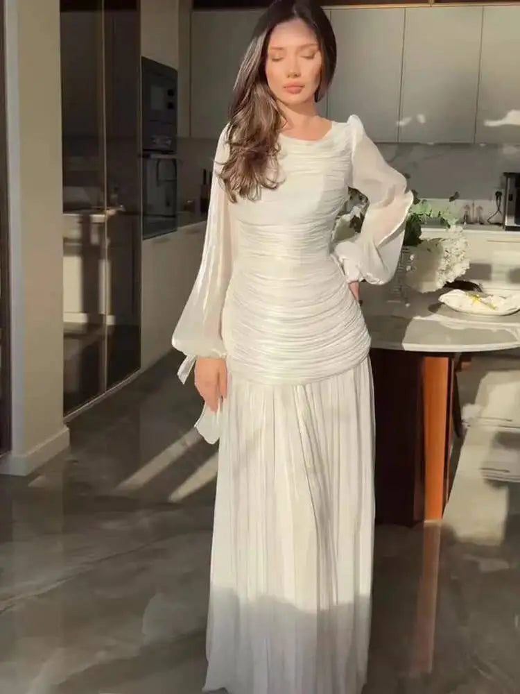 Temperament Round Neck Long Sleeved Pleated Waist Slimming Patchwork Dresses