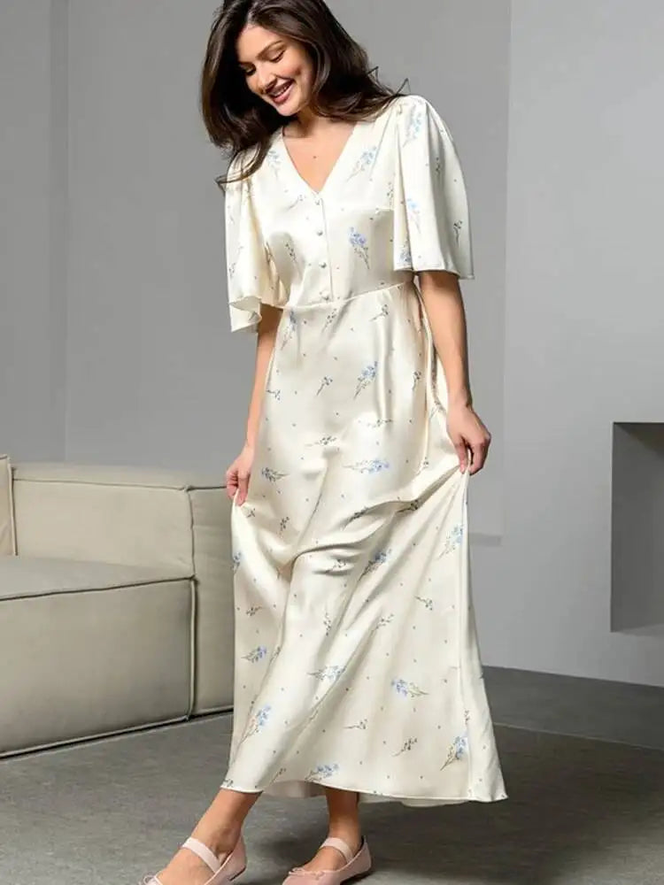 Sweet Printed Satin V-neck Short Sleeved Waist Cinched Dresses
