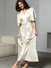 Sweet Printed Satin V-neck Short Sleeved Waist Cinched Dresses