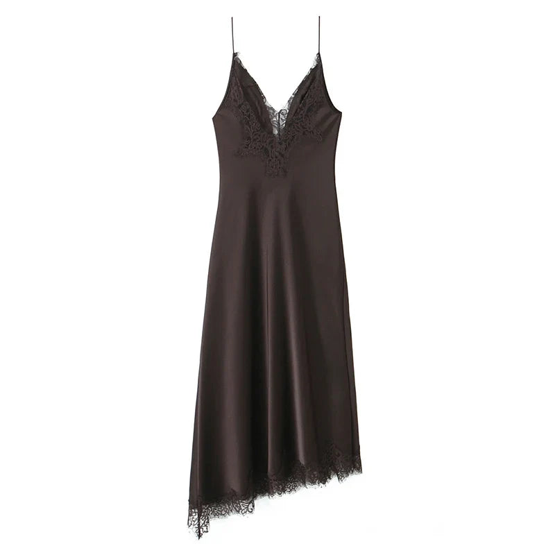 Lace Trim Long Satin Sling Dresses