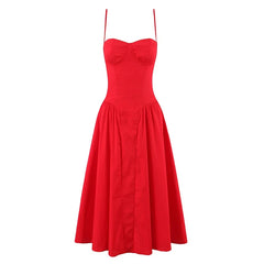 Sexy Spaghetti Straps Red Evening Party Dresses Pretty Girl Low Waist Flare And Flare Birthday Dresses Cotton