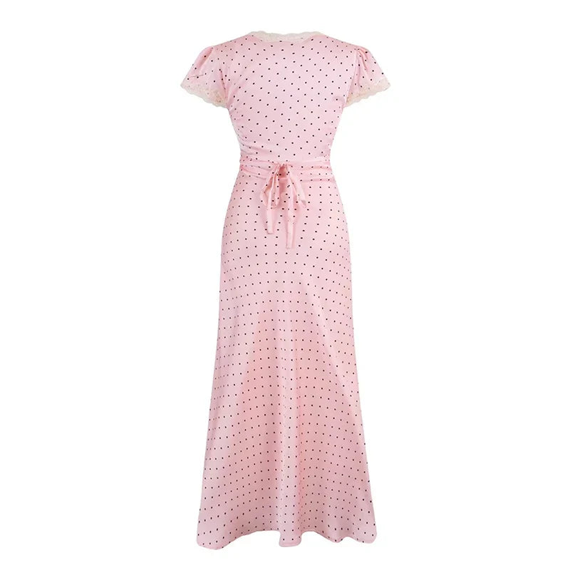 Pink Dot Print Elegant Long Dresses Lace Trim V Neck Short Sleeve A-line Summer Dresses
