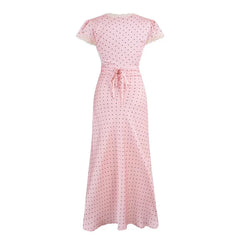 Pink Dot Print Elegant Long Dresses Lace Trim V Neck Short Sleeve A-line Summer Dresses
