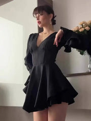 Fashionable V-neck Flared Sleeve Pleated Waist Cinching Dresses