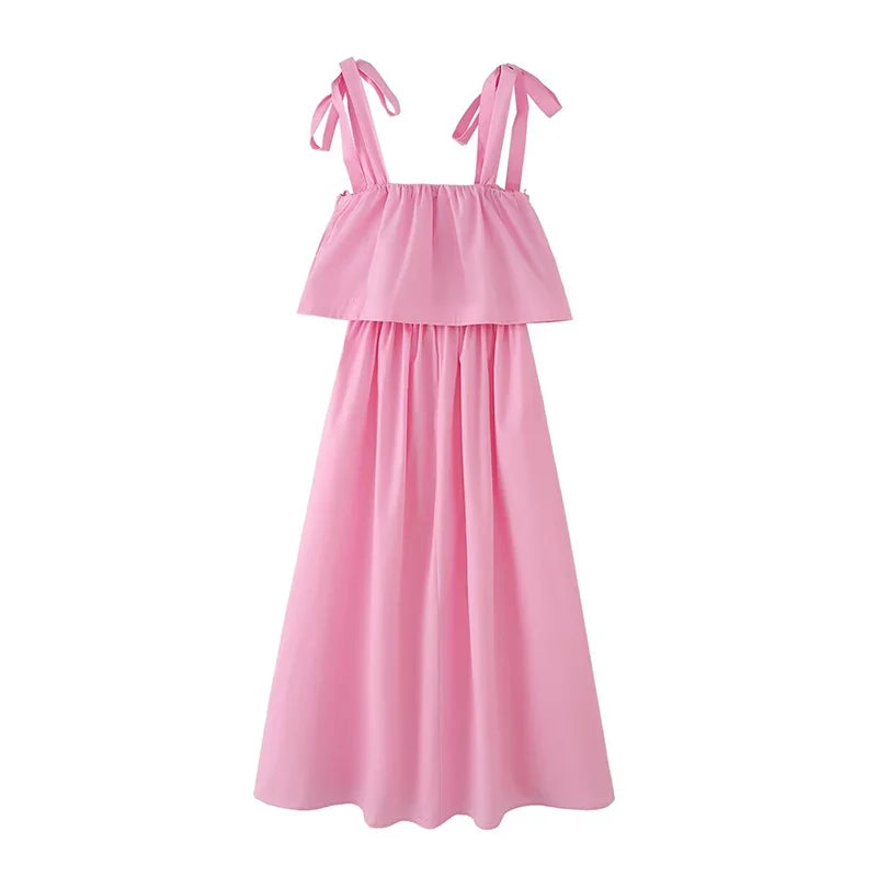 Pink Bow Tie Strap Tiered Midi Dresses