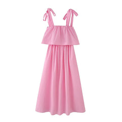 Pink Bow Tie Strap Tiered Midi Dresses