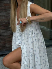 Casual Printed V-neck Sleeveless Single Breasted Dresses