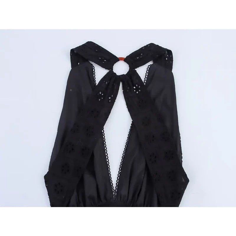 Summer Black Hollow Out Embroidery Halter Cutout Maxi Dresses