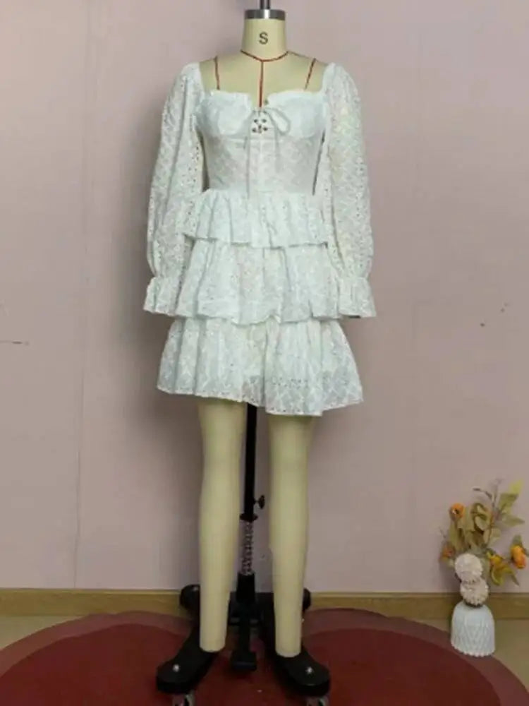 Sweet Square Neck Long Sleeved Ruffled Layered Dresses