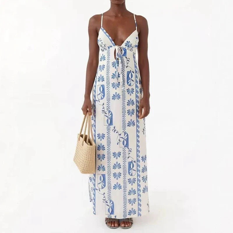 Blue Print V Neck Suspenders Summer Dresses