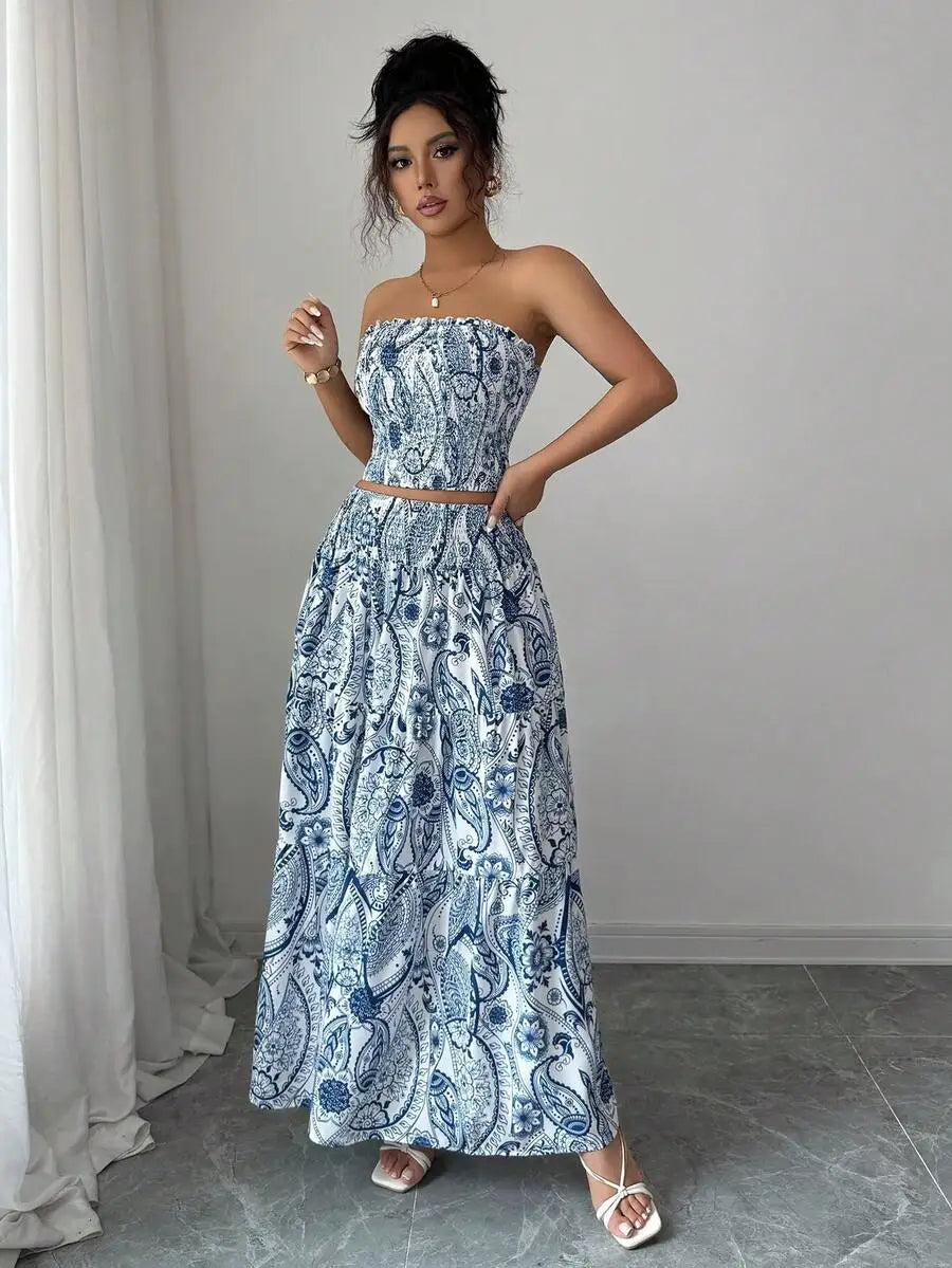 All-Over Print Strapless Casual Elegant Beach Wedding 2 Pieces Set (Top And Skirt) Summer