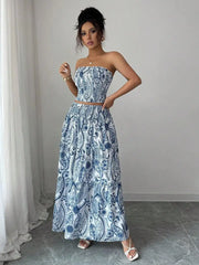 All-Over Print Strapless Casual Elegant Beach Wedding 2 Pieces Set (Top And Skirt) Summer